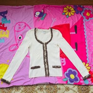 Vintage Cache Ribbed Zippered Cardigan Sweater w/ fur fringe Y2K Couture